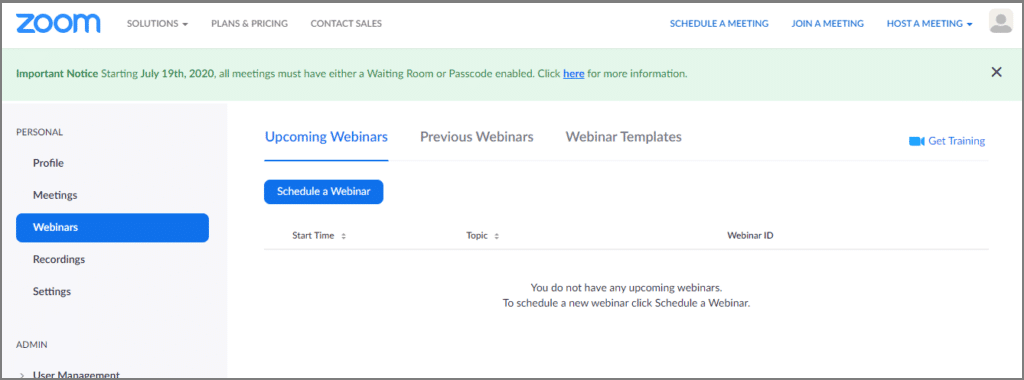 zoom Webinars dashboard